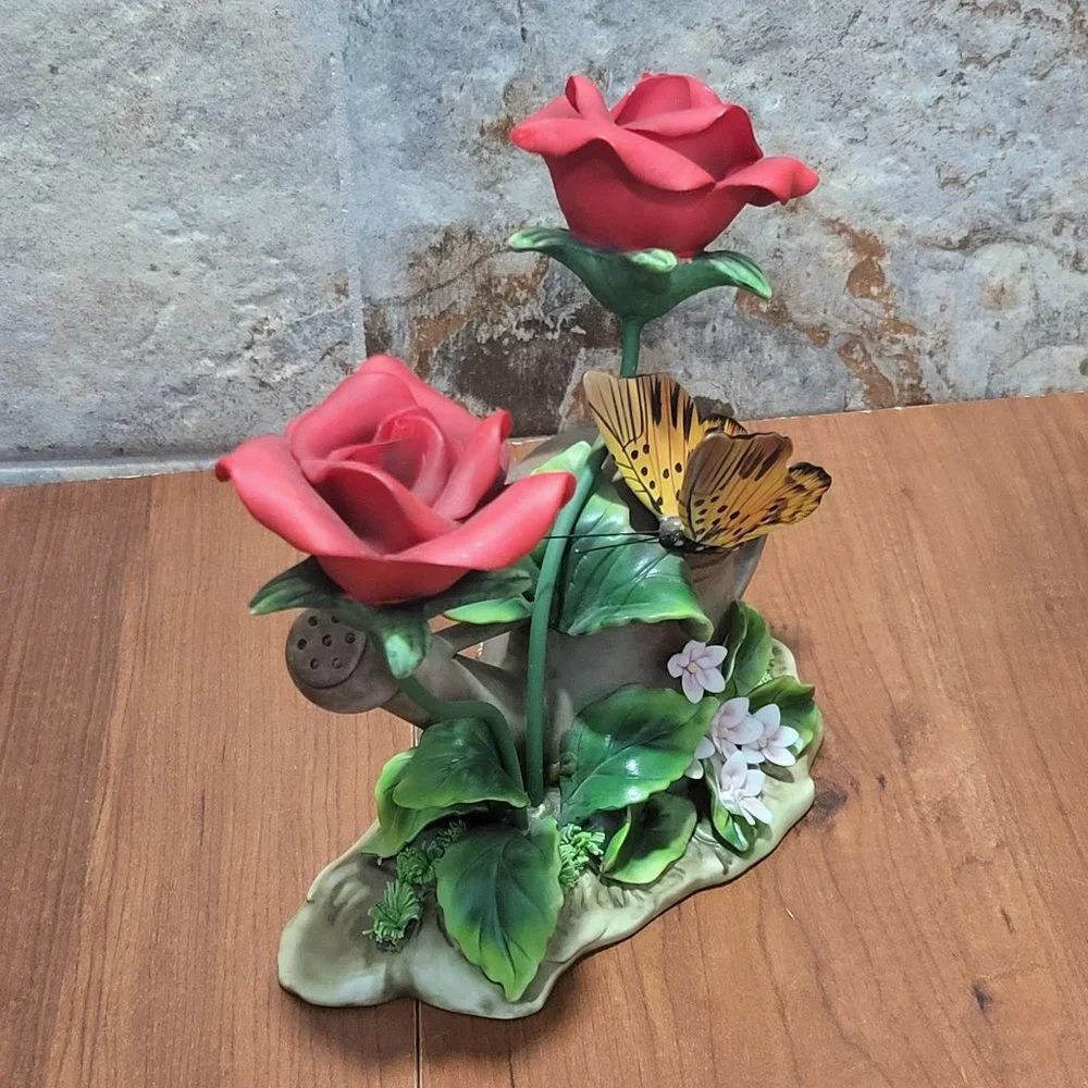 Butterfly and Roses Watering Can Planter Figurine Decor